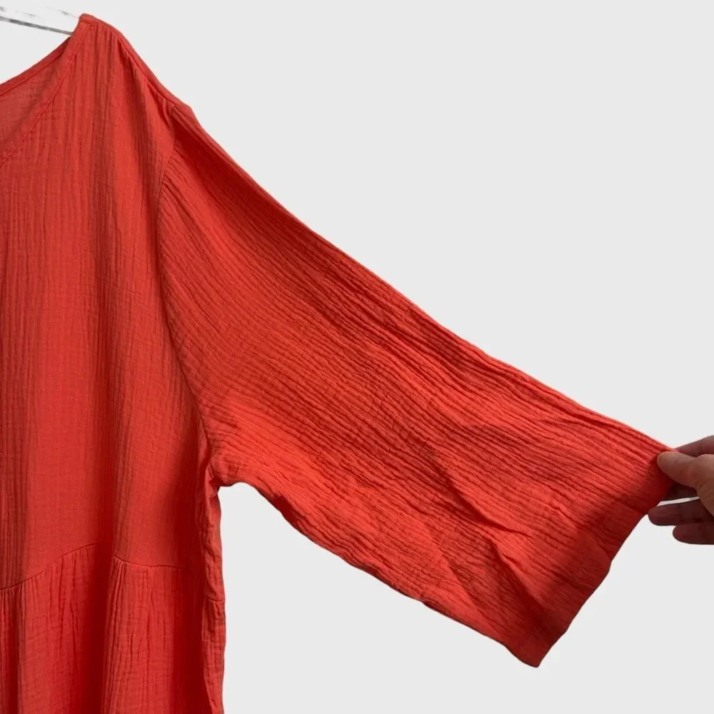Women's Floral Embroidered Orange Gauze Midi Dress 5XL Crinkle Textured Summer